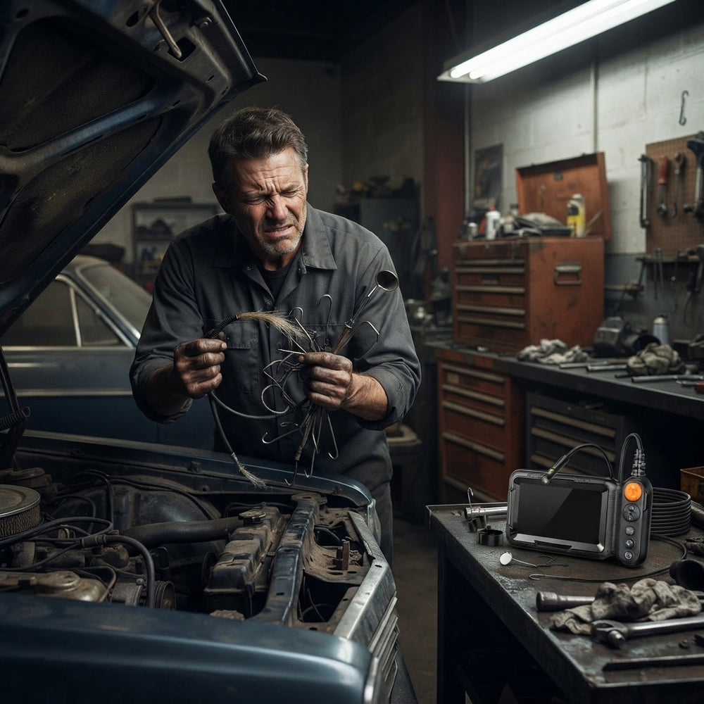 A mechanic looking frustrated while inspecting a dark, complex engine bay in a dimly lit professional workshop.