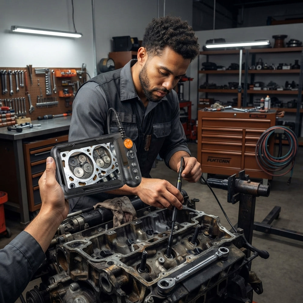 A mechanic inspecting an engine with a dual-lens industrial borescope showing a clear feed on a 5-inch screen.